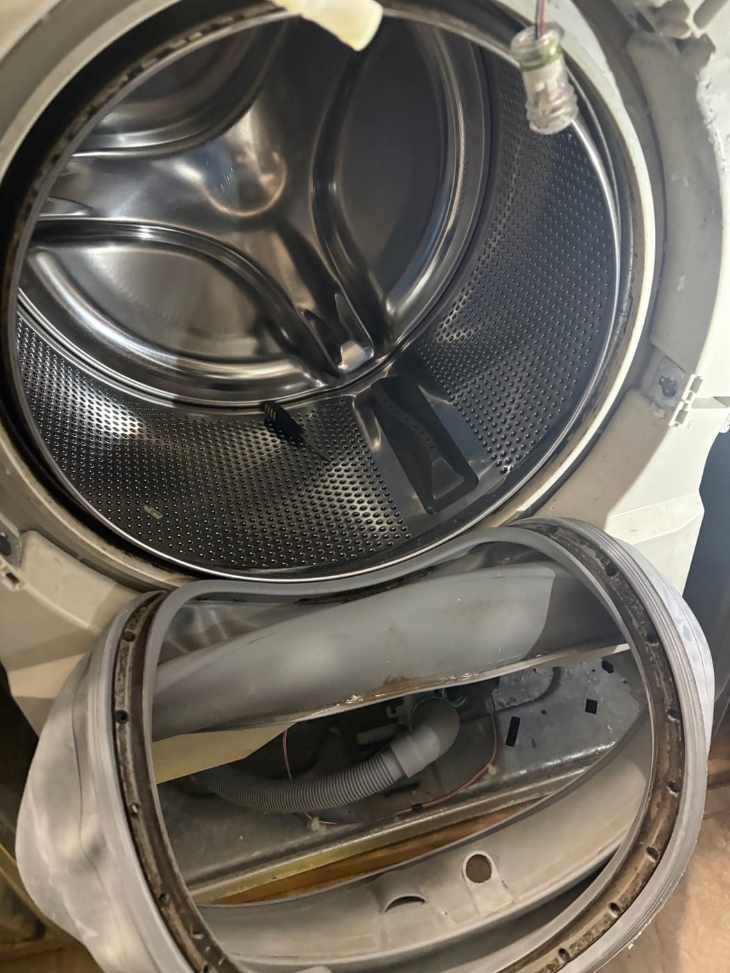 Close-up of a front-loading washing machine drum
